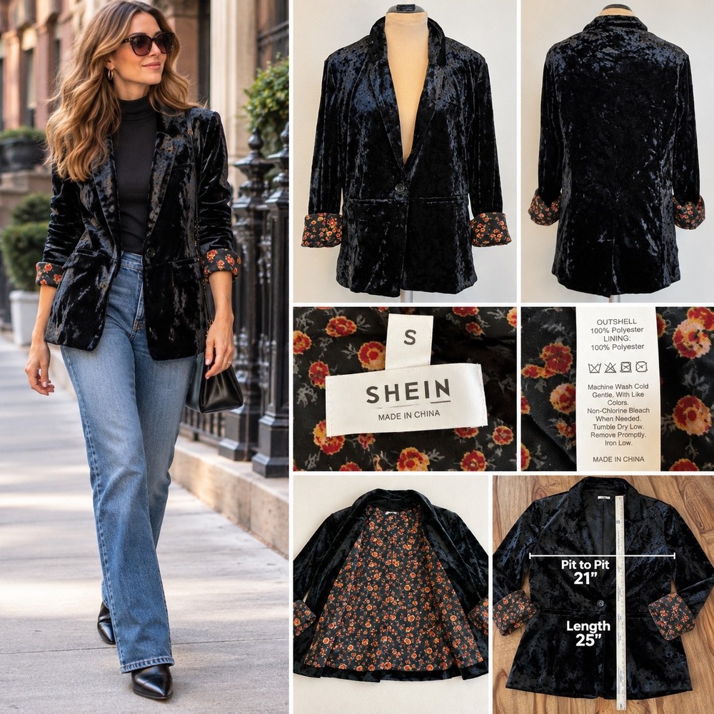 SHEIN Black Crushed Velvet Blazer S Floral Lined Cuffs Romantic Boho Jacket